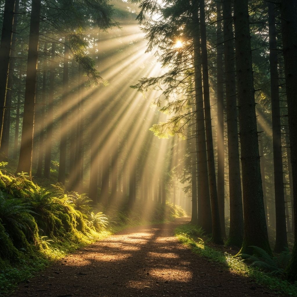 Waldweg mit goldenem Lichteinfall – Symbol für den inneren Weg zu sich selbst